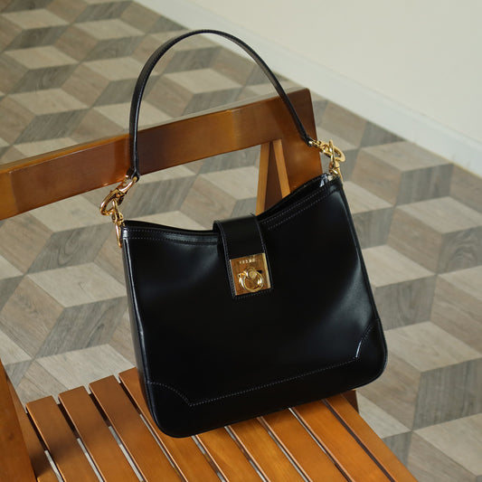 Celine Vintage Classic Black Leather Gancini Gold Buckle Shoulder Bag M