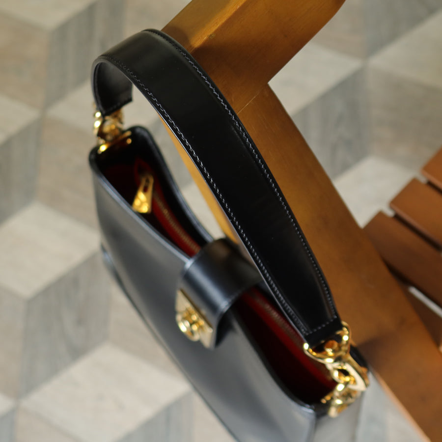 Celine Vintage Classic Black Leather Gancini Gold Buckle Shoulder Bag M