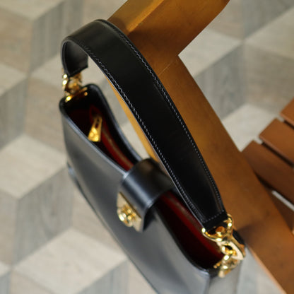 Celine Vintage Classic Black Leather Gancini Gold Buckle Shoulder Bag M
