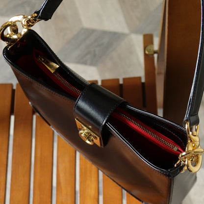 Celine Vintage Classic Black Leather Gancini Gold Buckle Shoulder Bag M