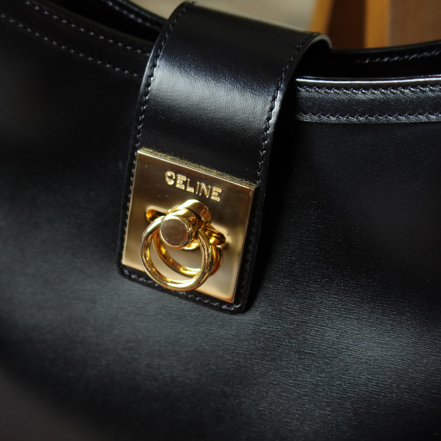 Celine Vintage Classic Black Leather Gancini Gold Buckle Shoulder Bag M