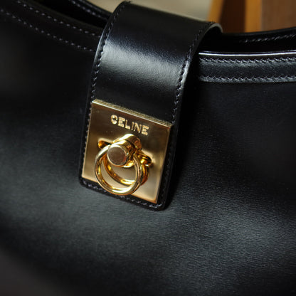 Celine Vintage Classic Black Leather Gancini Gold Buckle Shoulder Bag M