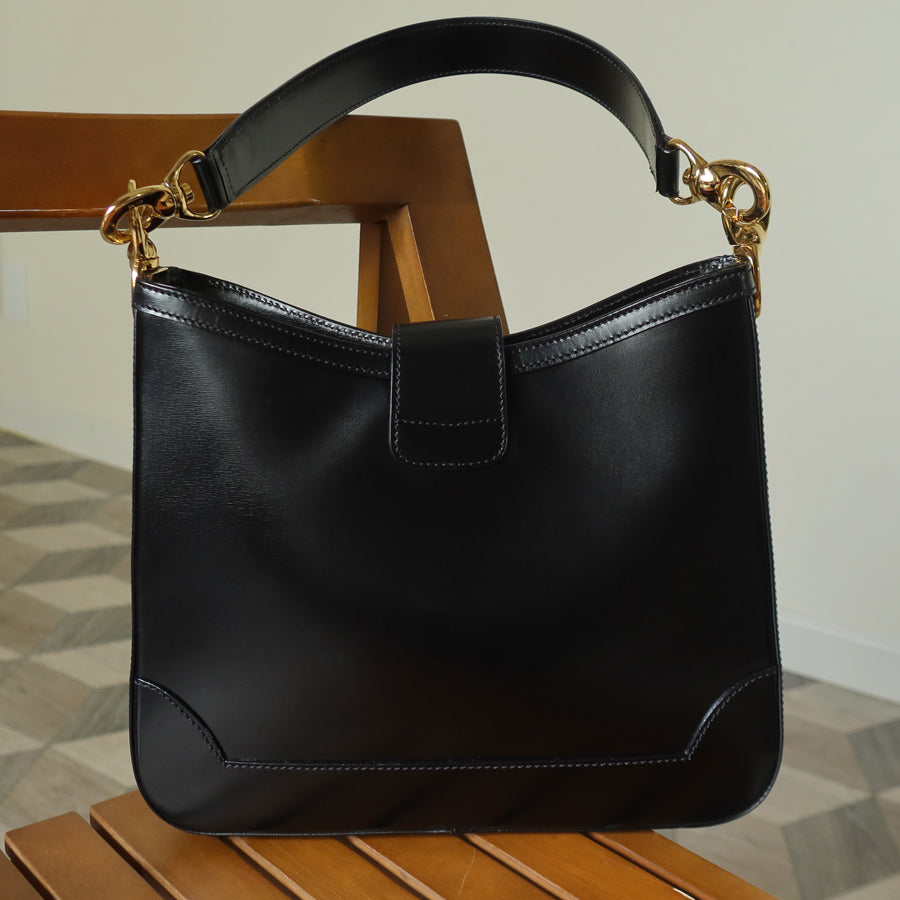 Celine Vintage Classic Black Leather Gancini Gold Buckle Shoulder Bag M