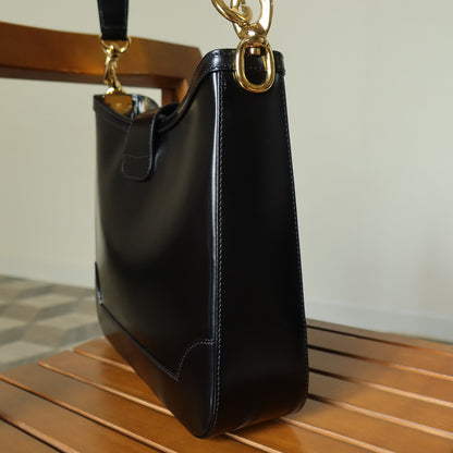 Celine Vintage Classic Black Leather Gancini Gold Buckle Shoulder Bag M