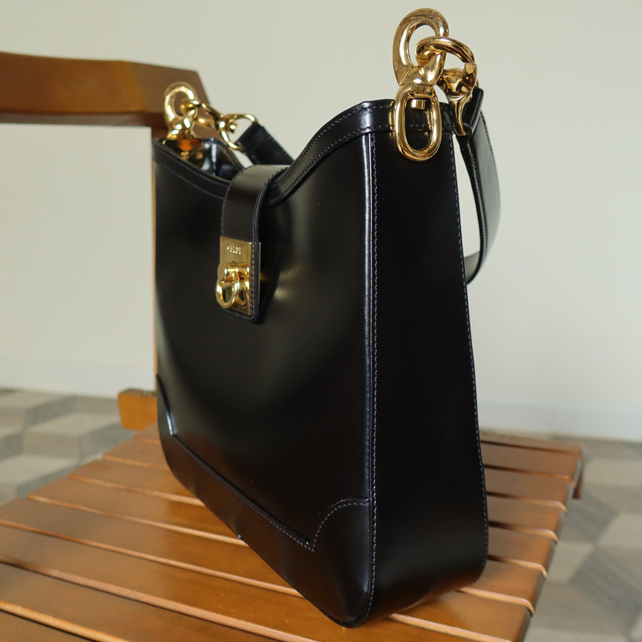 Celine Vintage Classic Black Leather Gancini Gold Buckle Shoulder Bag M