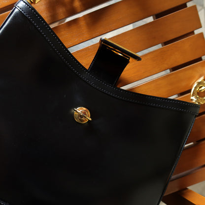 Celine Vintage Classic Black Leather Gancini Gold Buckle Shoulder Bag M