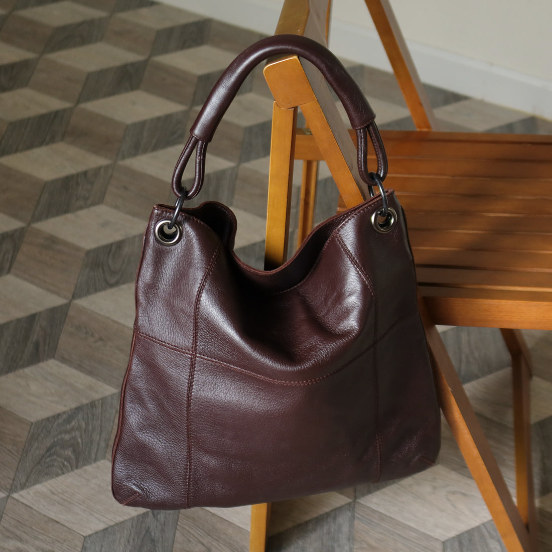 Bottega Veneta Vintage Dark Brown Grained Leather Cross Stitching Shoulder Bag