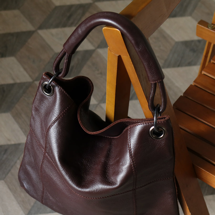 Bottega Veneta Vintage Dark Brown Grained Leather Cross Stitching Shoulder Bag