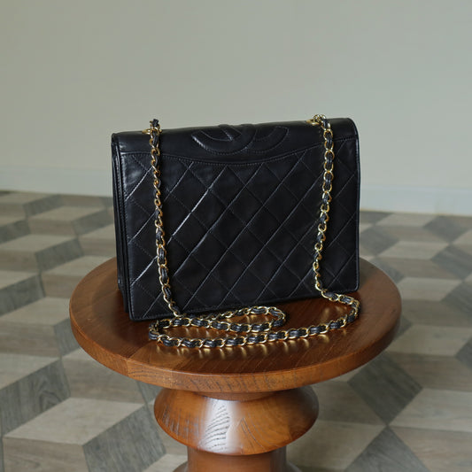 Chanel Vintage Black Lambskin Matelasse Diamond Quilted CC mark Flap Bag