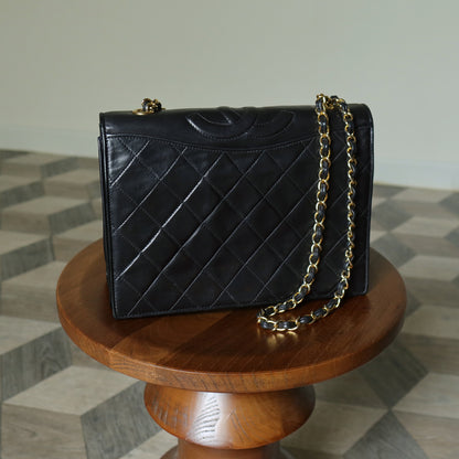 Chanel Vintage Black Lambskin Matelasse Diamond Quilted CC mark Flap Bag