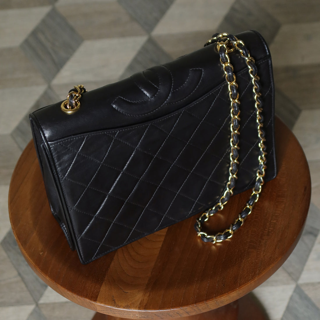 Chanel Vintage Black Lambskin Matelasse Diamond Quilted CC mark Flap Bag