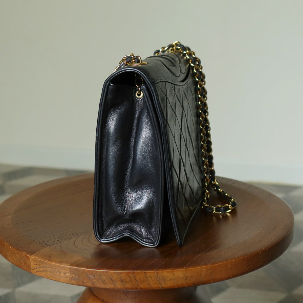Chanel Vintage Black Lambskin Matelasse Diamond Quilted CC mark Flap Bag