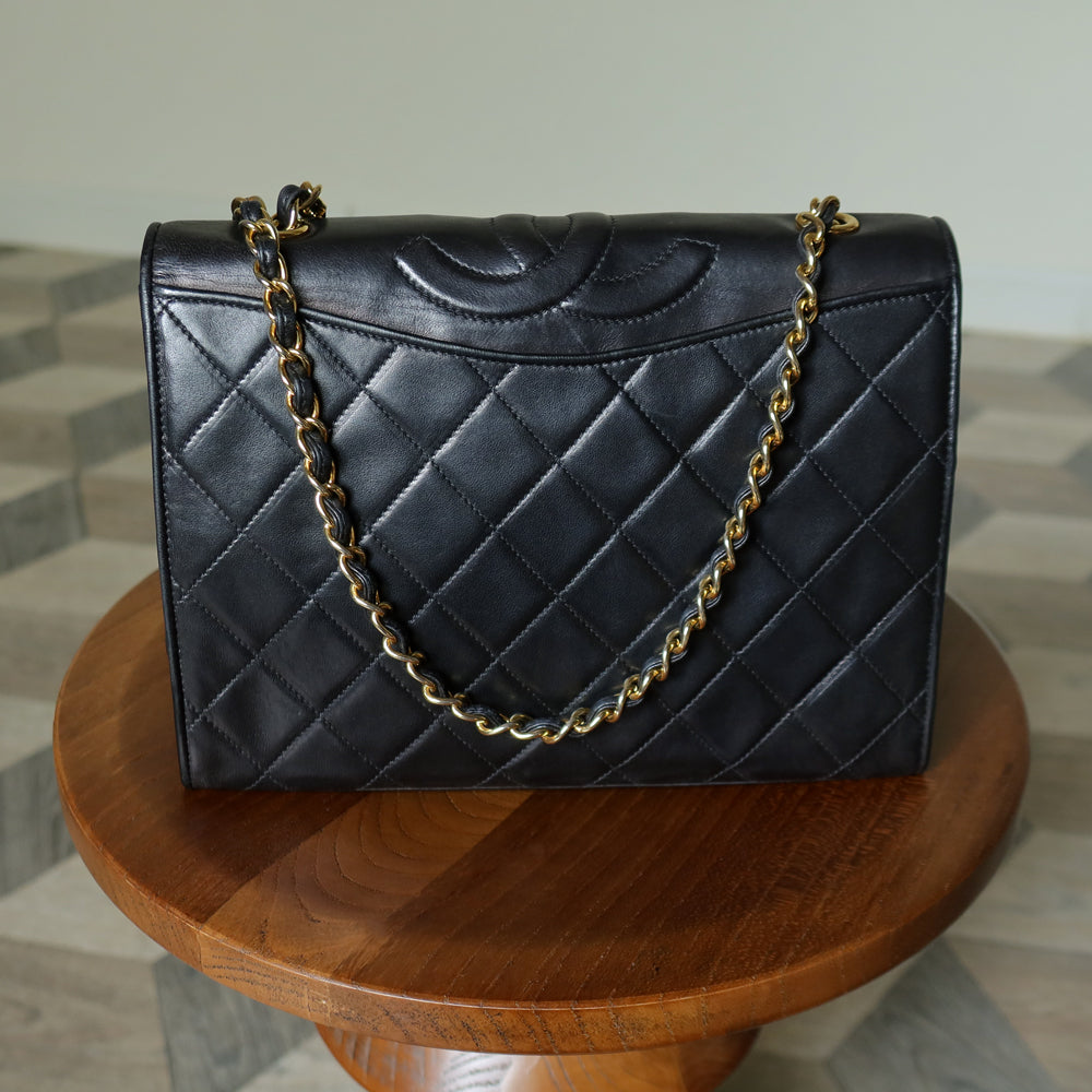 Chanel Vintage Black Lambskin Matelasse Diamond Quilted CC mark Flap Bag