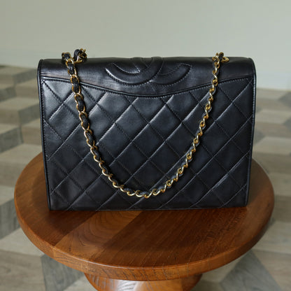 Chanel Vintage Black Lambskin Matelasse Diamond Quilted CC mark Flap Bag