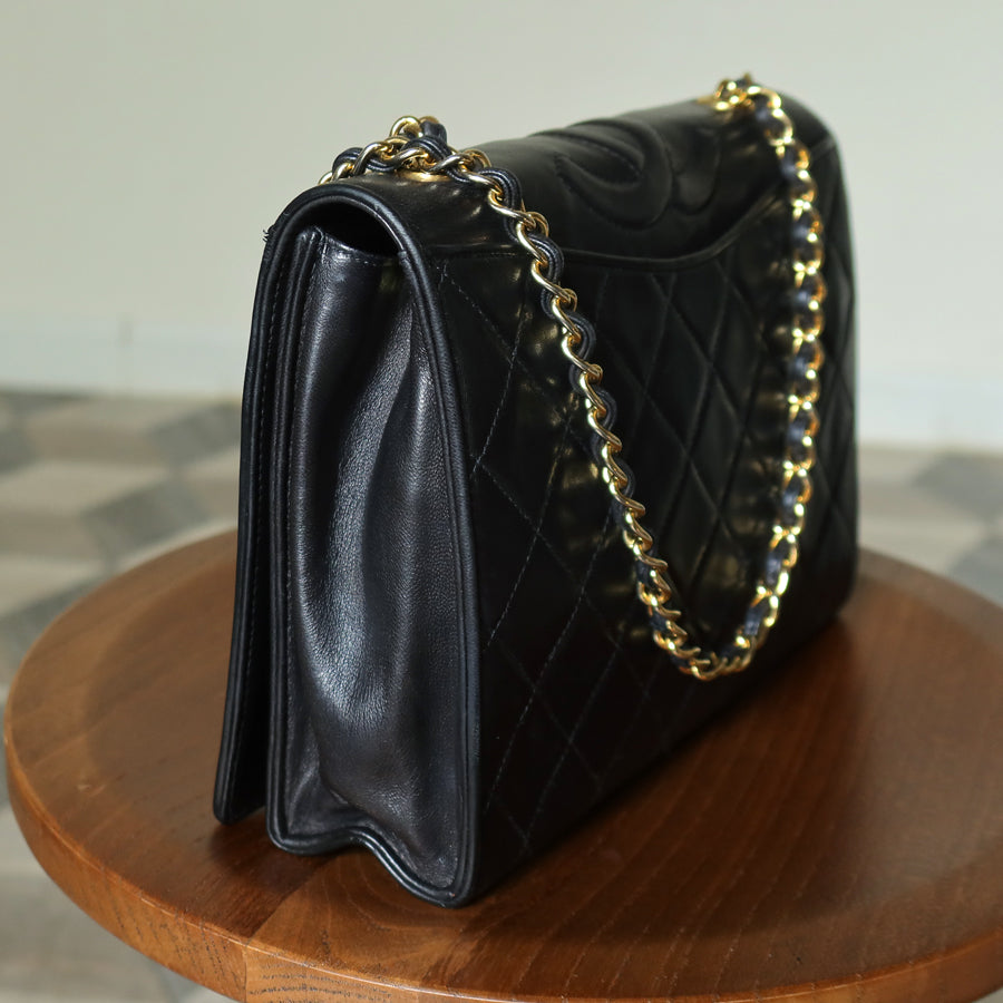 Chanel Vintage Black Lambskin Matelasse Diamond Quilted CC mark Flap Bag
