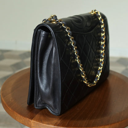Chanel Vintage Black Lambskin Matelasse Diamond Quilted CC mark Flap Bag