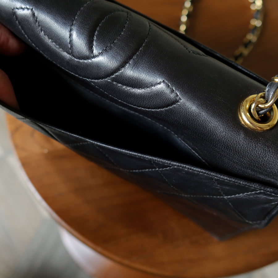 Chanel Vintage Black Lambskin Matelasse Diamond Quilted CC mark Flap Bag