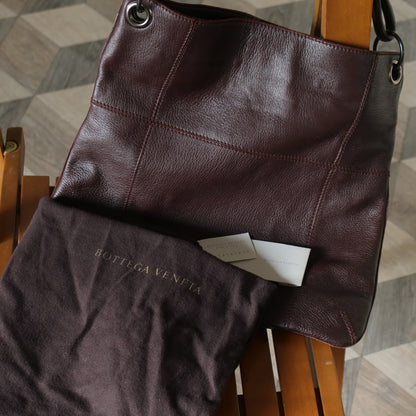Bottega Veneta Vintage Dark Brown Grained Leather Cross Stitching Shoulder Bag
