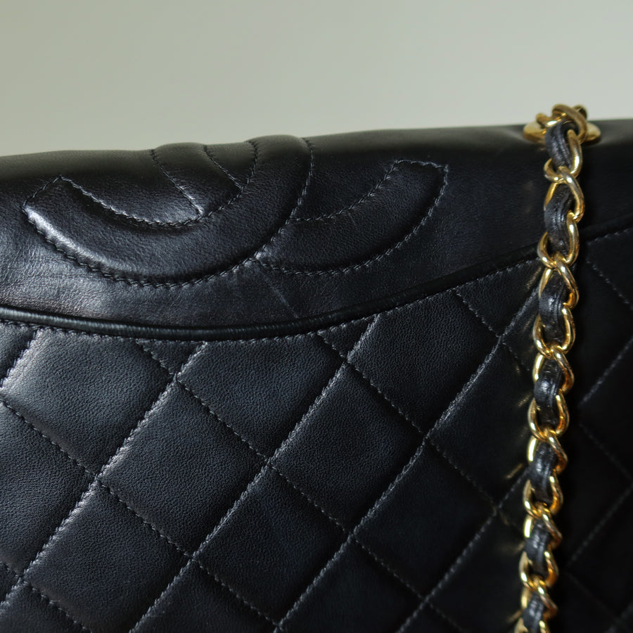 Chanel Vintage Black Lambskin Matelasse Diamond Quilted CC mark Flap Bag