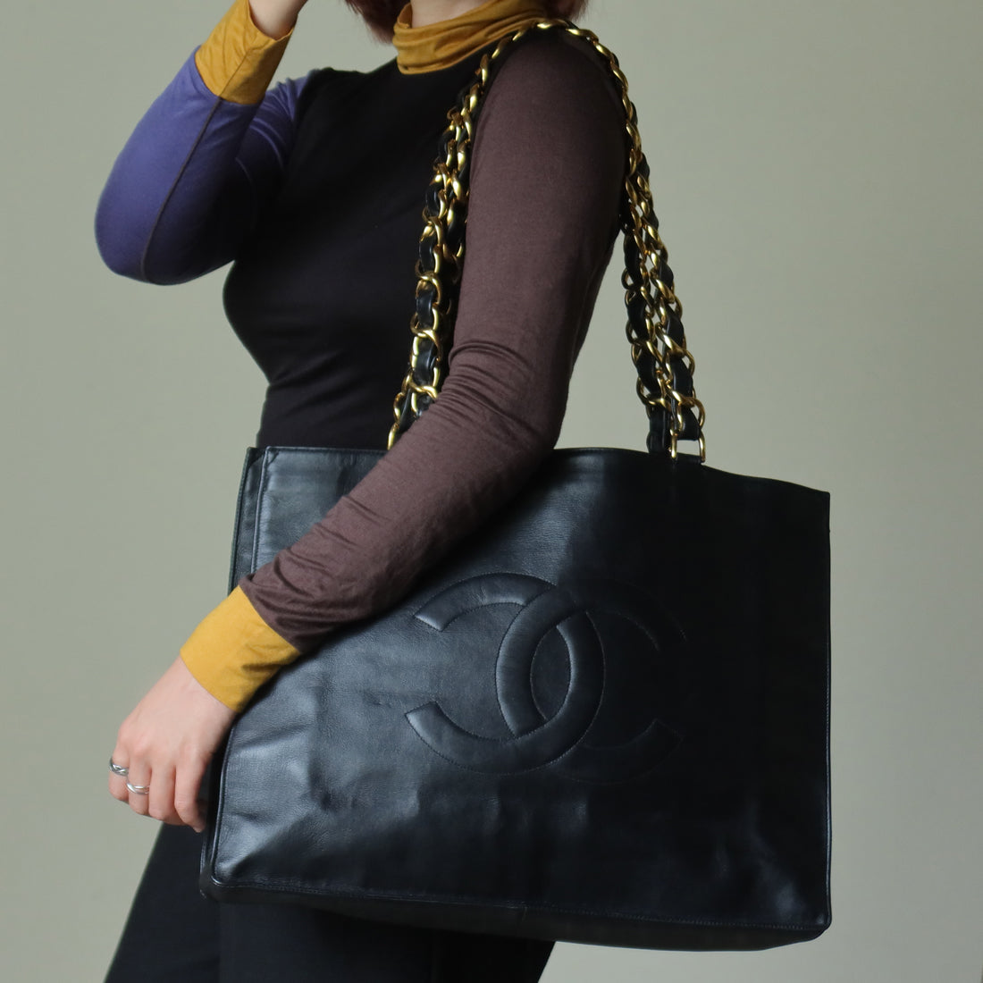 Rare Chanel Vintage Black Leather CC mark Maxi Shopper Tote Bag