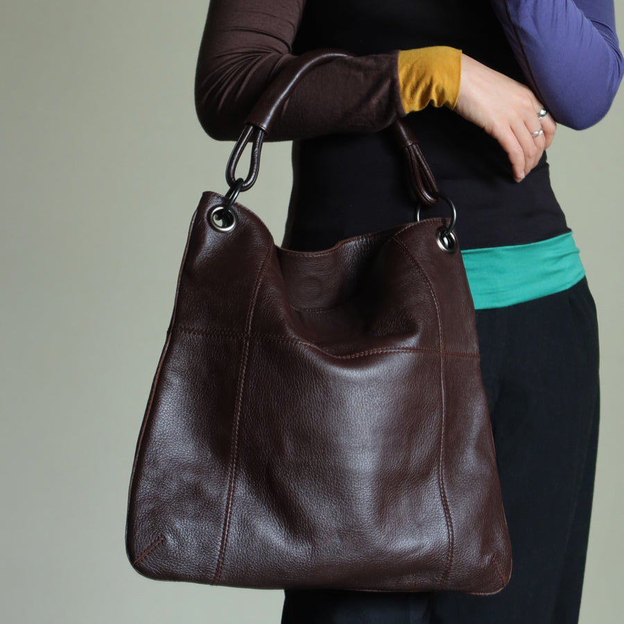 Bottega Veneta Vintage Dark Brown Grained Leather Cross Stitching Shoulder Bag