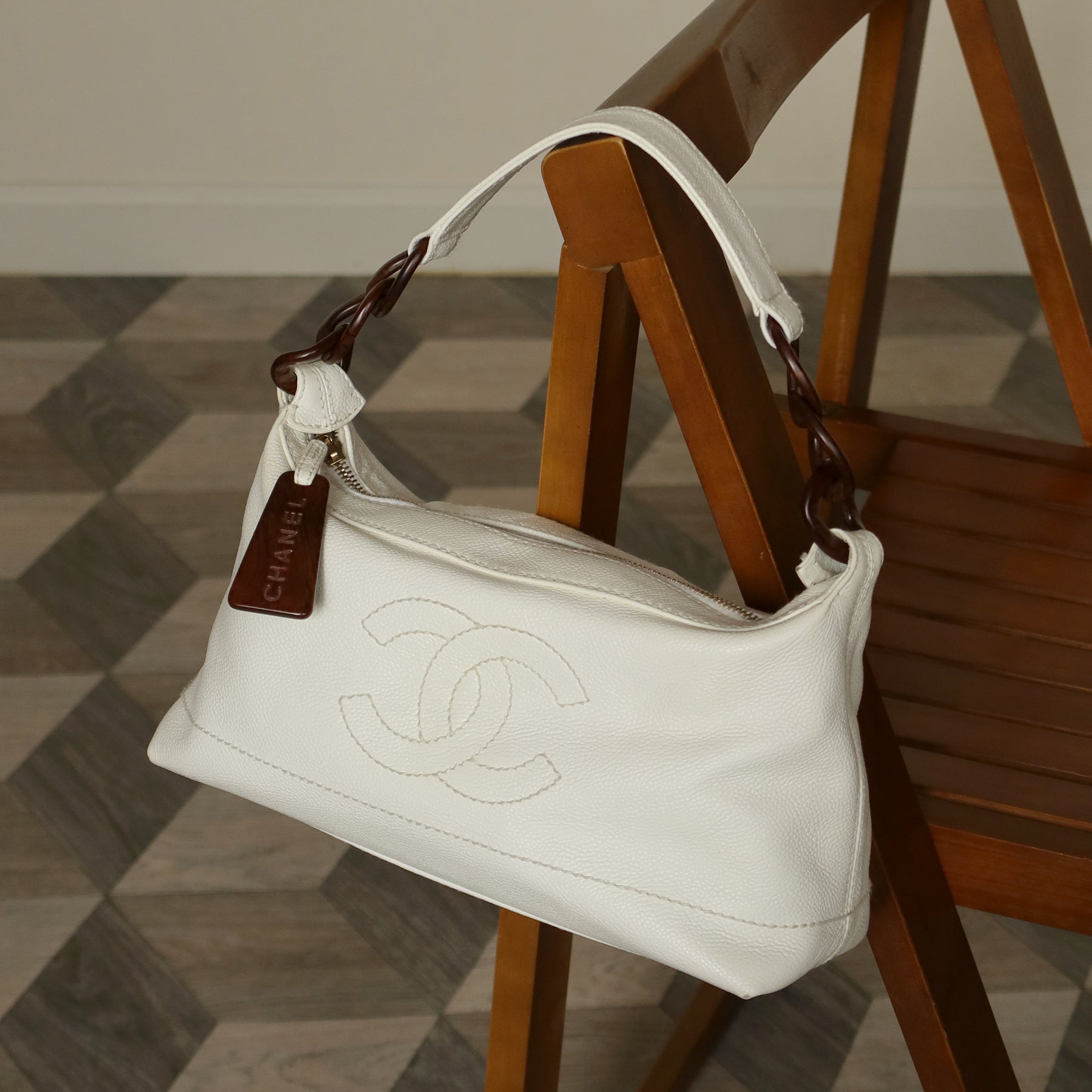 Chanel Vintage White Caviar Leather Hobo Coco Mark Shoulder Bag