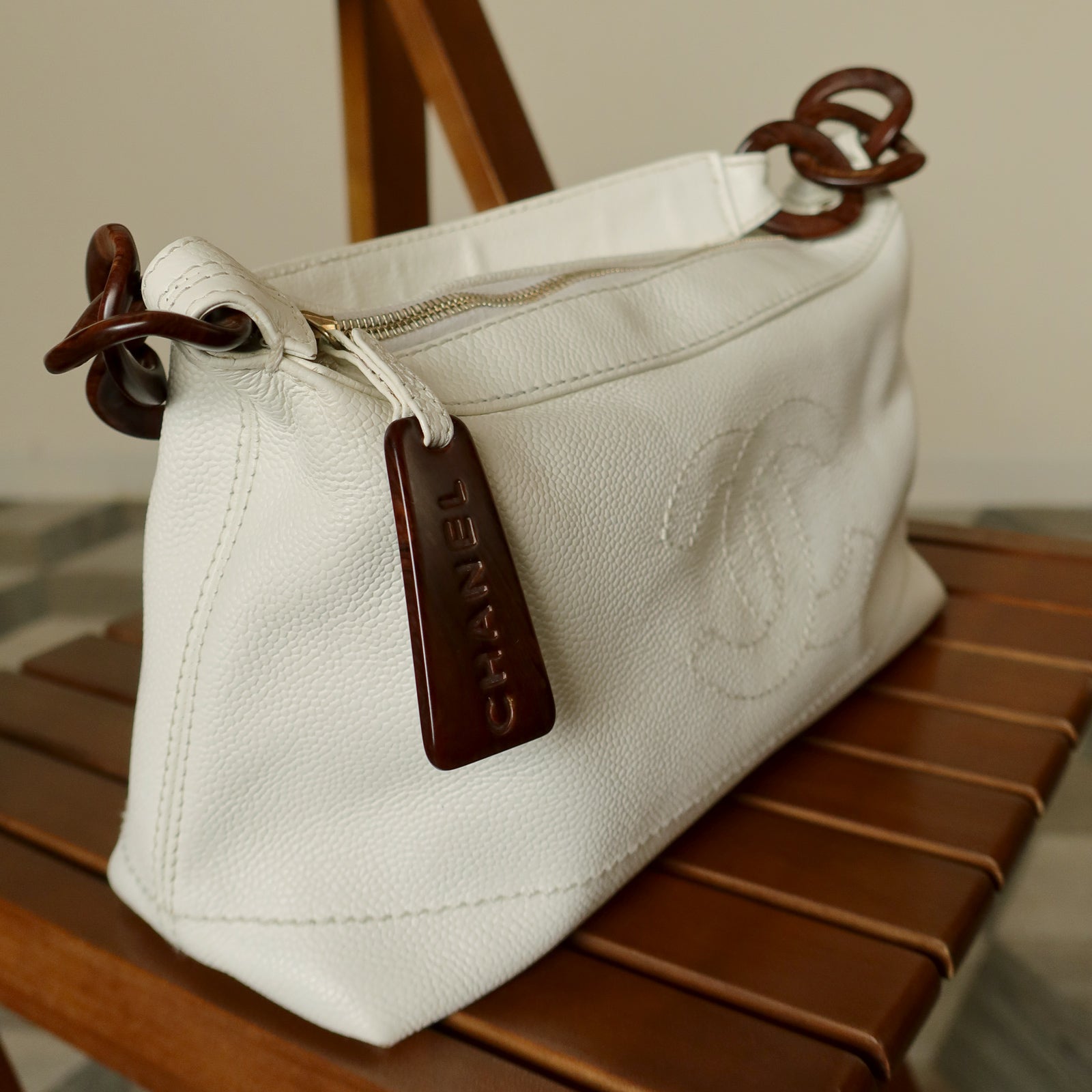Chanel Vintage White Caviar Leather Hobo Coco Mark Shoulder Bag