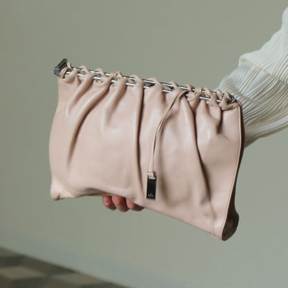 Gucci Vintage Dusty Pink Grained Leather Ruffle 2way Clutch Shoulder Bag