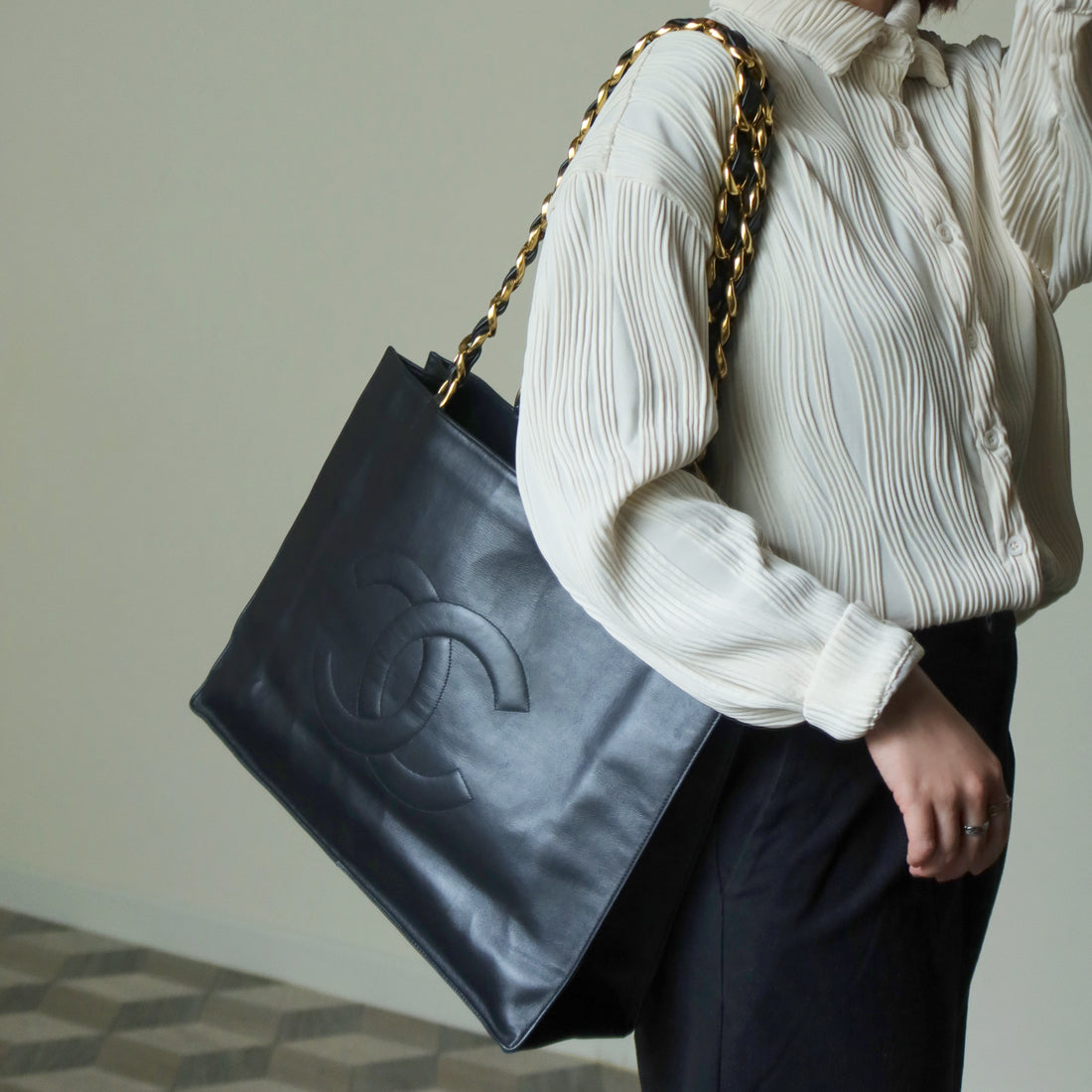 Rare Chanel Vintage Black Leather CC mark Maxi Shopper Tote Bag