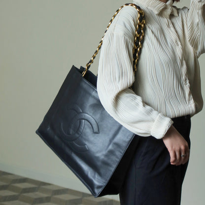 Rare Chanel Vintage Black Leather CC mark Maxi Shopper Tote Bag