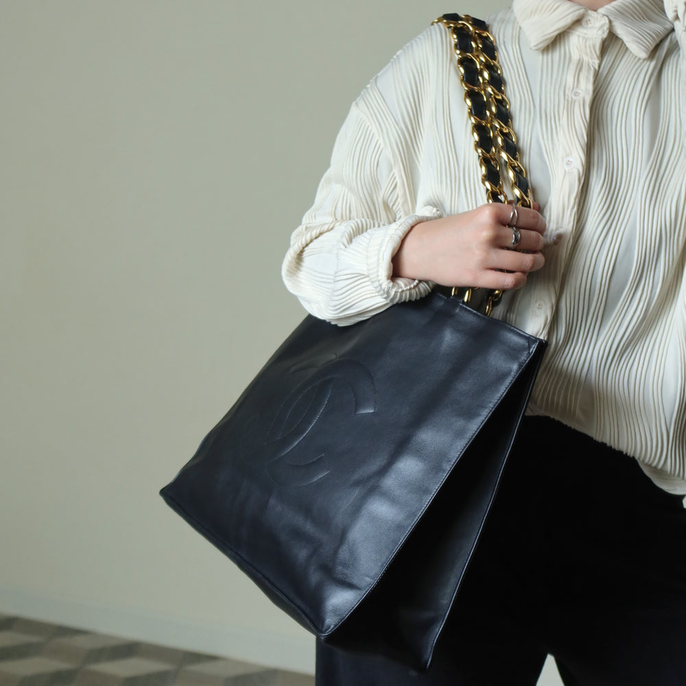 Rare Chanel Vintage Black Leather CC mark Maxi Shopper Tote Bag