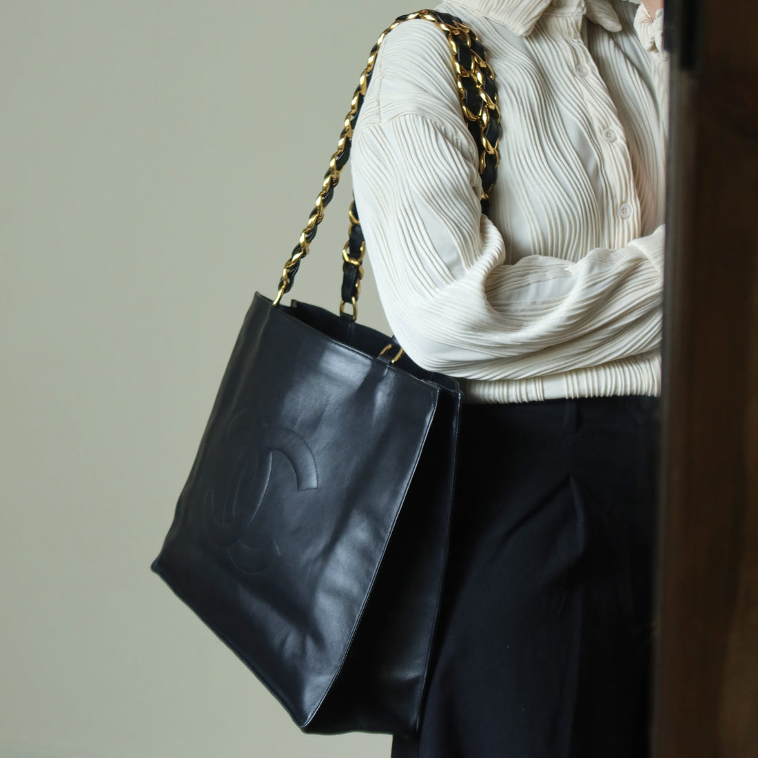 Rare Chanel Vintage Black Leather CC mark Maxi Shopper Tote Bag