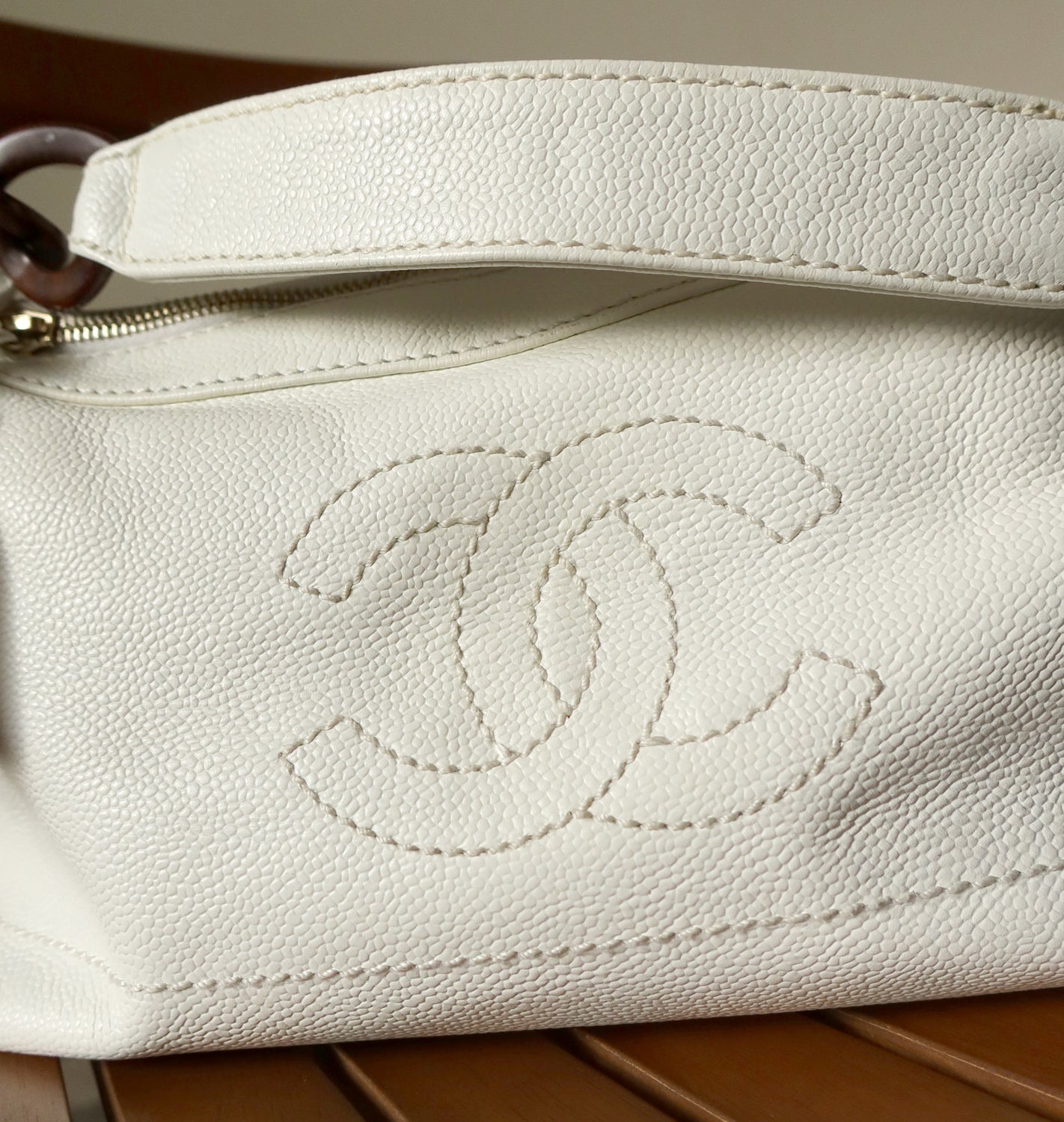 Chanel Vintage White Caviar Leather Hobo Coco Mark Shoulder Bag