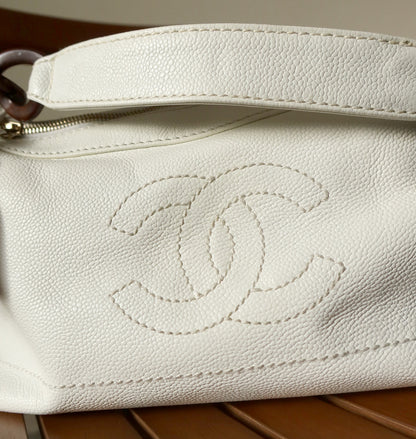 Chanel Vintage White Caviar Leather Hobo Coco Mark Shoulder Bag