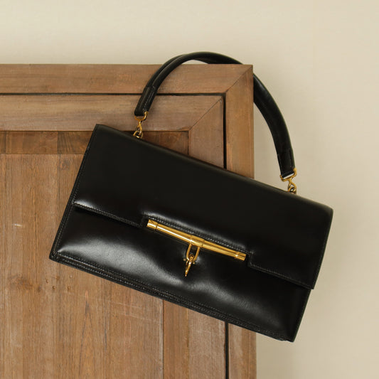 Vintage Hermes 1950s Black Box Calf Leather Shoulder Bag
