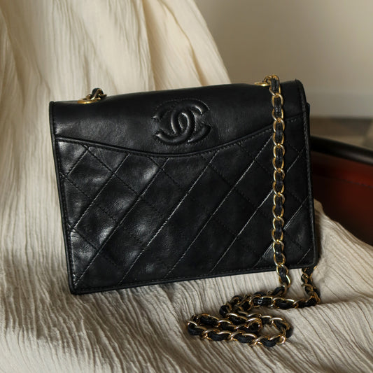 Chanel Vintage Black Lambskin Matelasse Dual Pocket Flap Bag