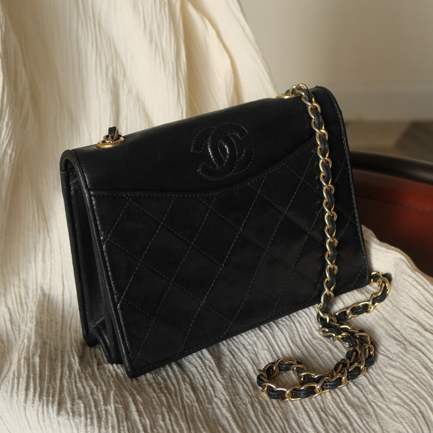 Chanel Vintage Black Lambskin Matelasse Dual Pocket Flap Bag