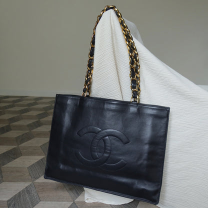 Rare Chanel Vintage Black Leather CC mark Maxi Shopper Tote Bag