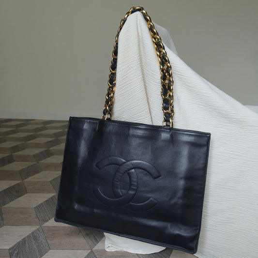Rare Chanel Vintage Black Leather CC mark Maxi Shopper Tote Bag