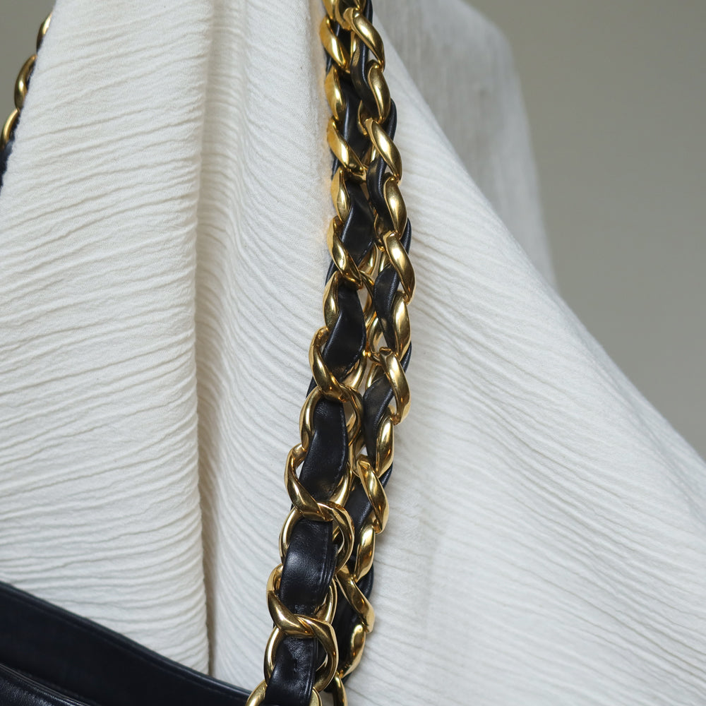 Rare Chanel Vintage Black Leather CC mark Maxi Shopper Tote Bag