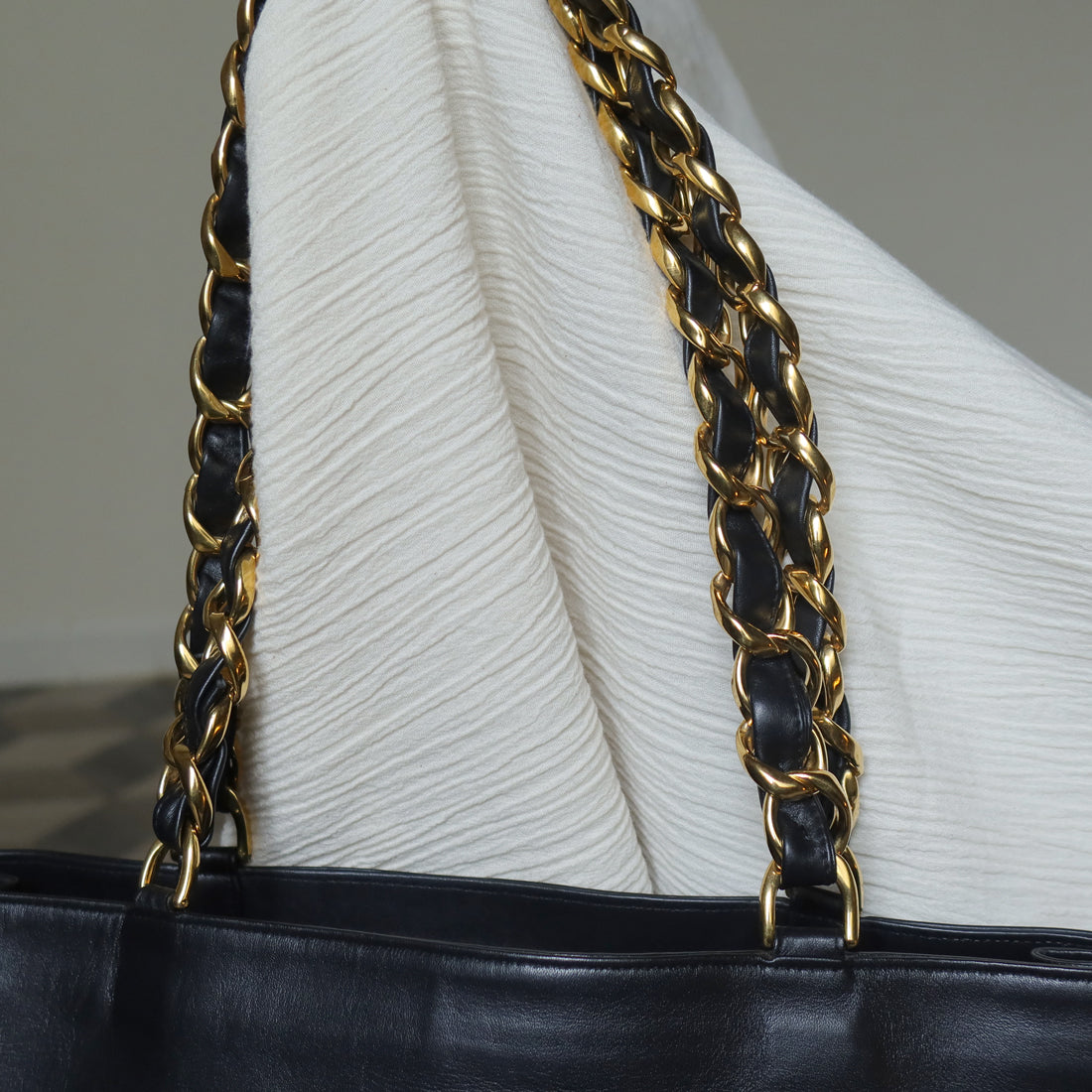 Rare Chanel Vintage Black Leather CC mark Maxi Shopper Tote Bag