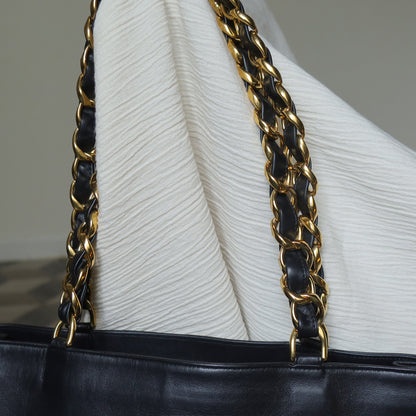 Rare Chanel Vintage Black Leather CC mark Maxi Shopper Tote Bag