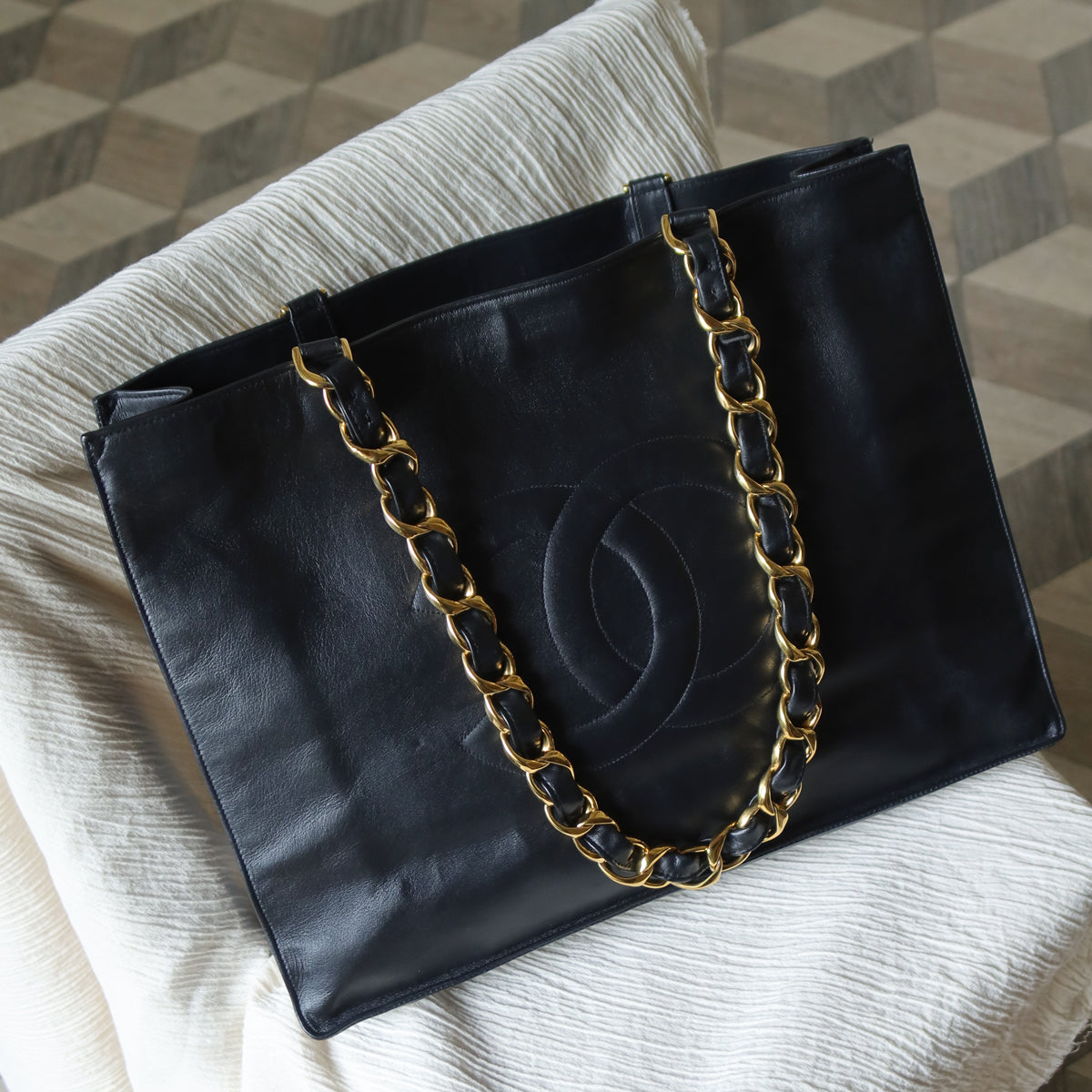Rare Chanel Vintage Black Leather CC mark Maxi Shopper Tote Bag