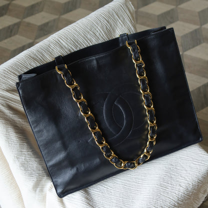 Rare Chanel Vintage Black Leather CC mark Maxi Shopper Tote Bag