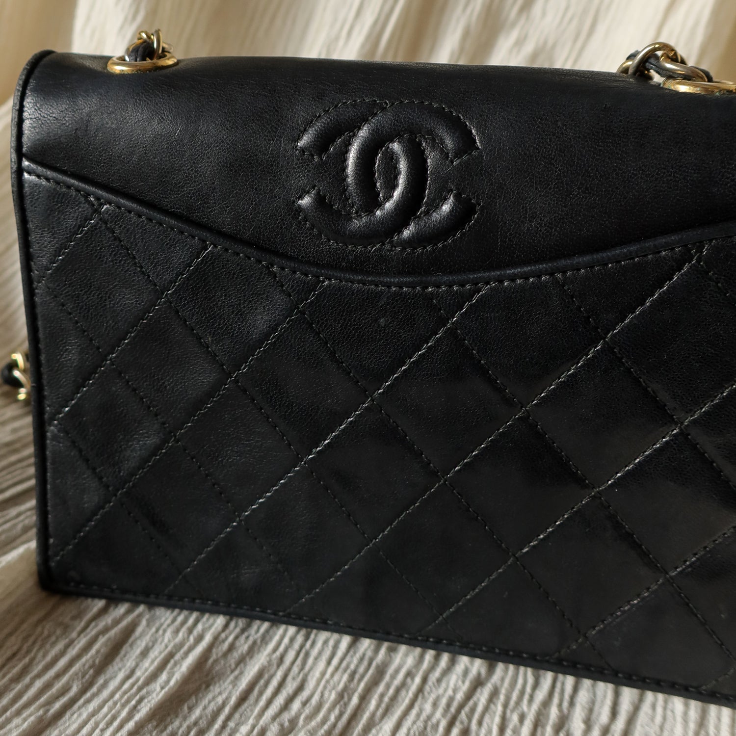 Chanel Vintage Black Lambskin Matelasse Dual Pocket Flap Bag