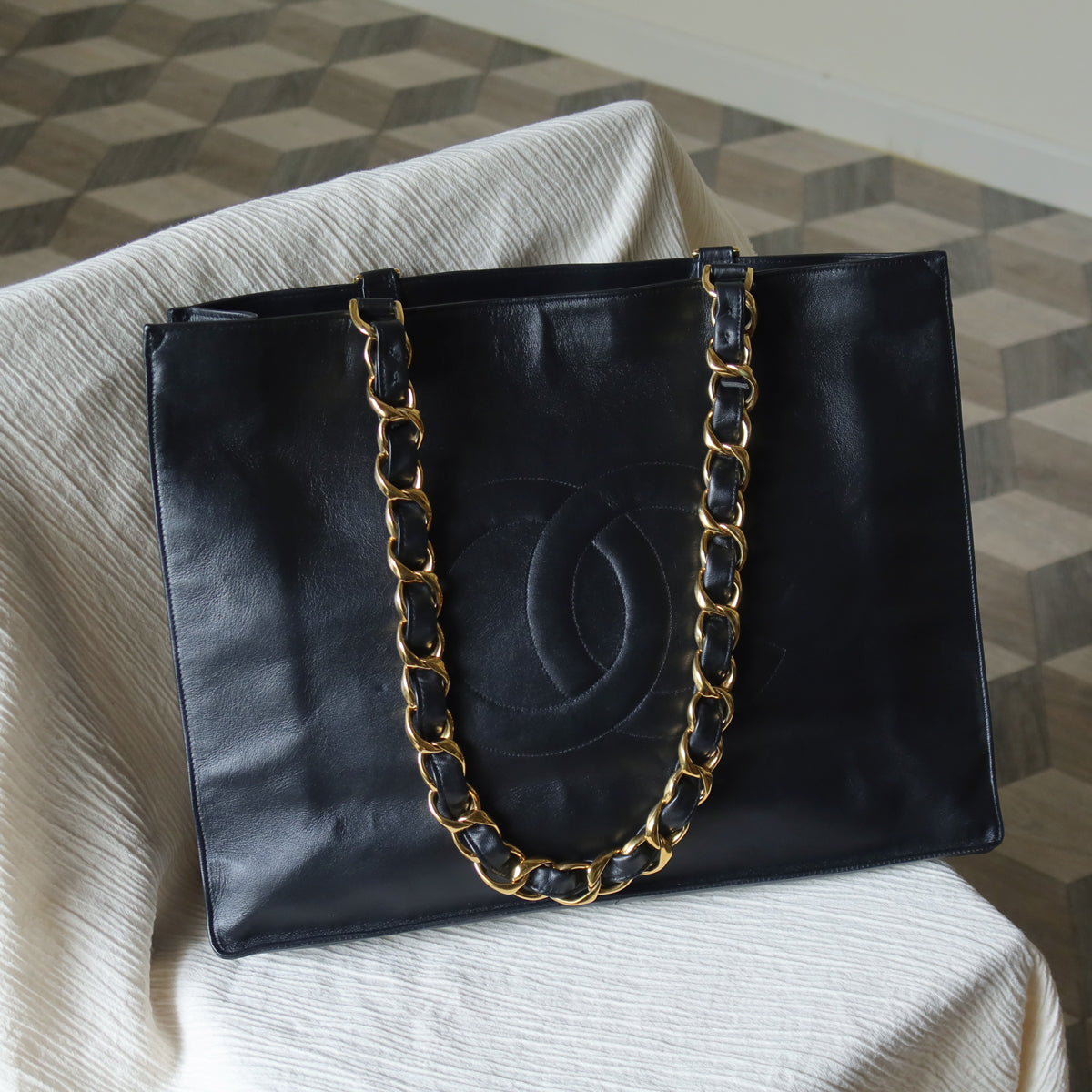 Rare Chanel Vintage Black Leather CC mark Maxi Shopper Tote Bag