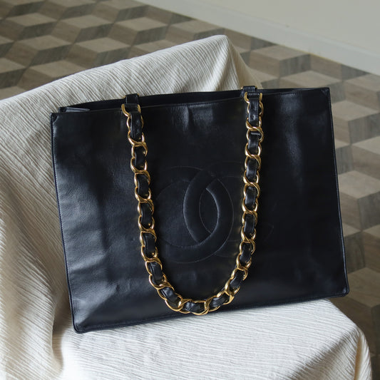 Rare Chanel Vintage Black Leather CC mark Maxi Shopper Tote Bag