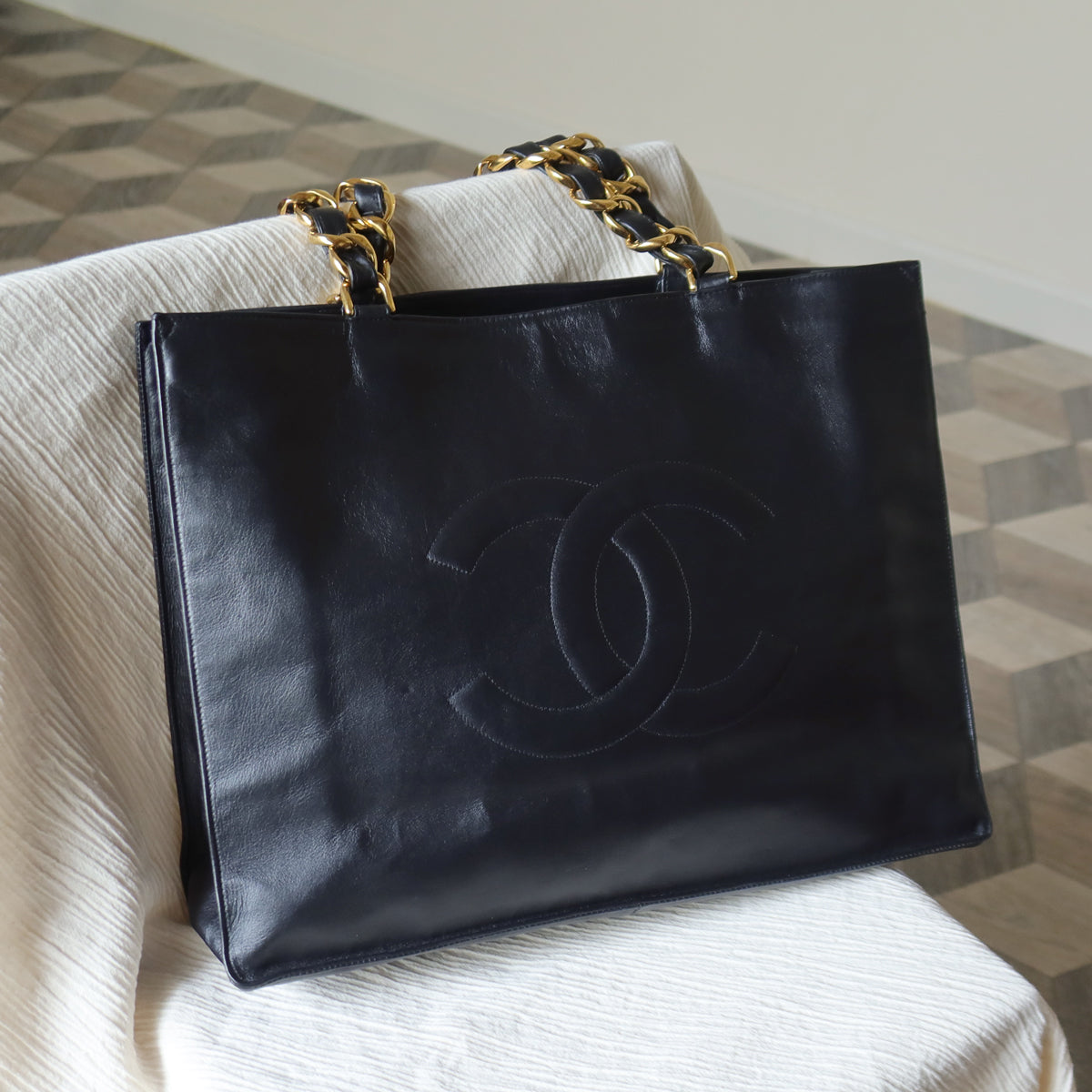 Rare Chanel Vintage Black Leather CC mark Maxi Shopper Tote Bag