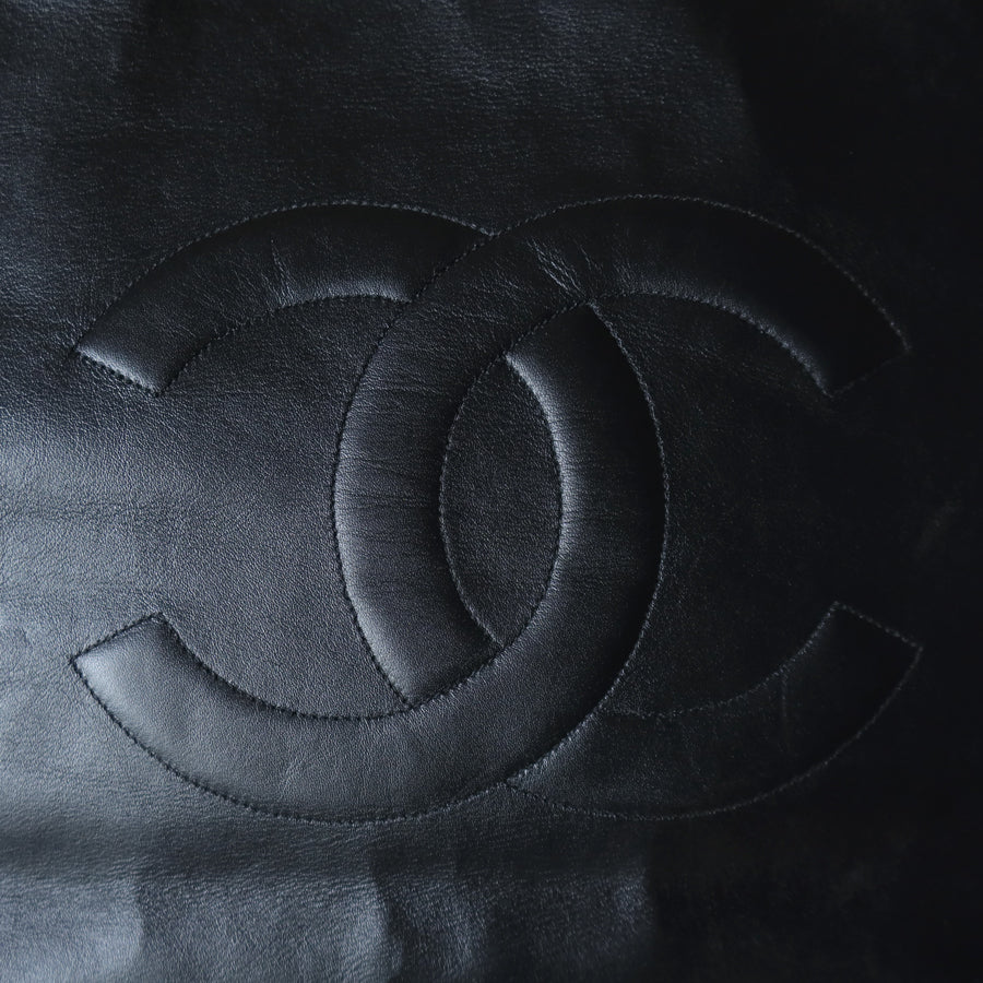 Rare Chanel Vintage Black Leather CC mark Maxi Shopper Tote Bag