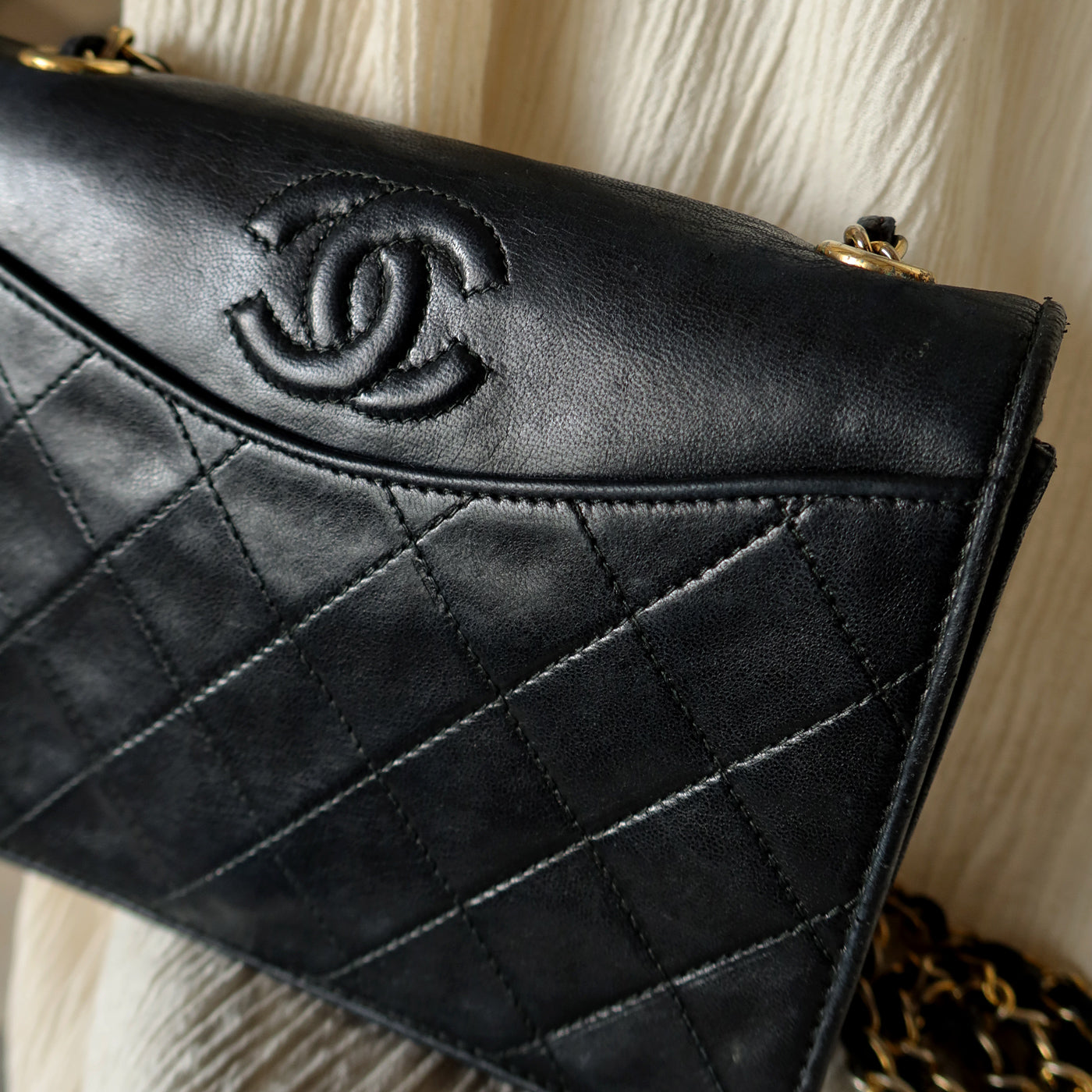 Chanel Vintage Black Lambskin Matelasse Dual Pocket Flap Bag